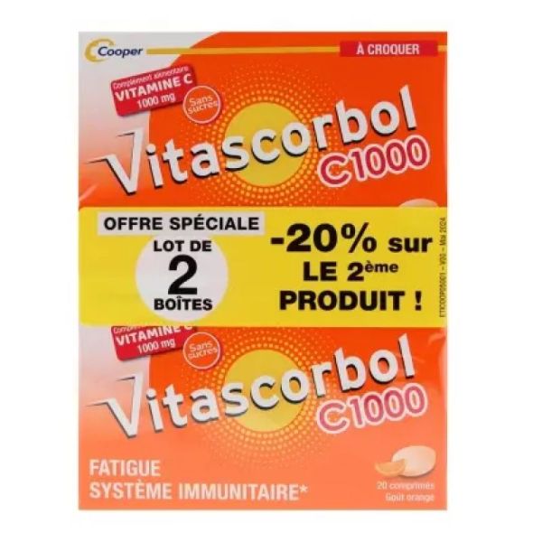 Vitascorbol C1000 Vitamine C Goût Orange Lot de 2x20 Comprimés à Croquer