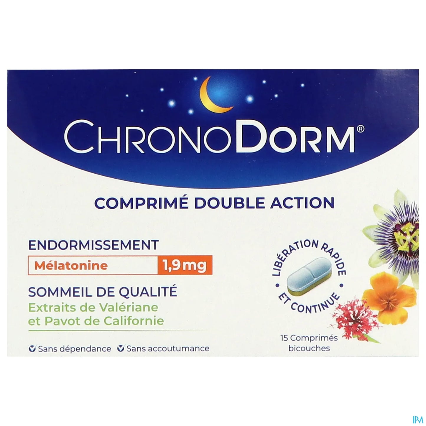 Laboratoires Iprad ChronoDorm Double Action Mélatonine 1.9 Mg Valériane 15 Comprimés