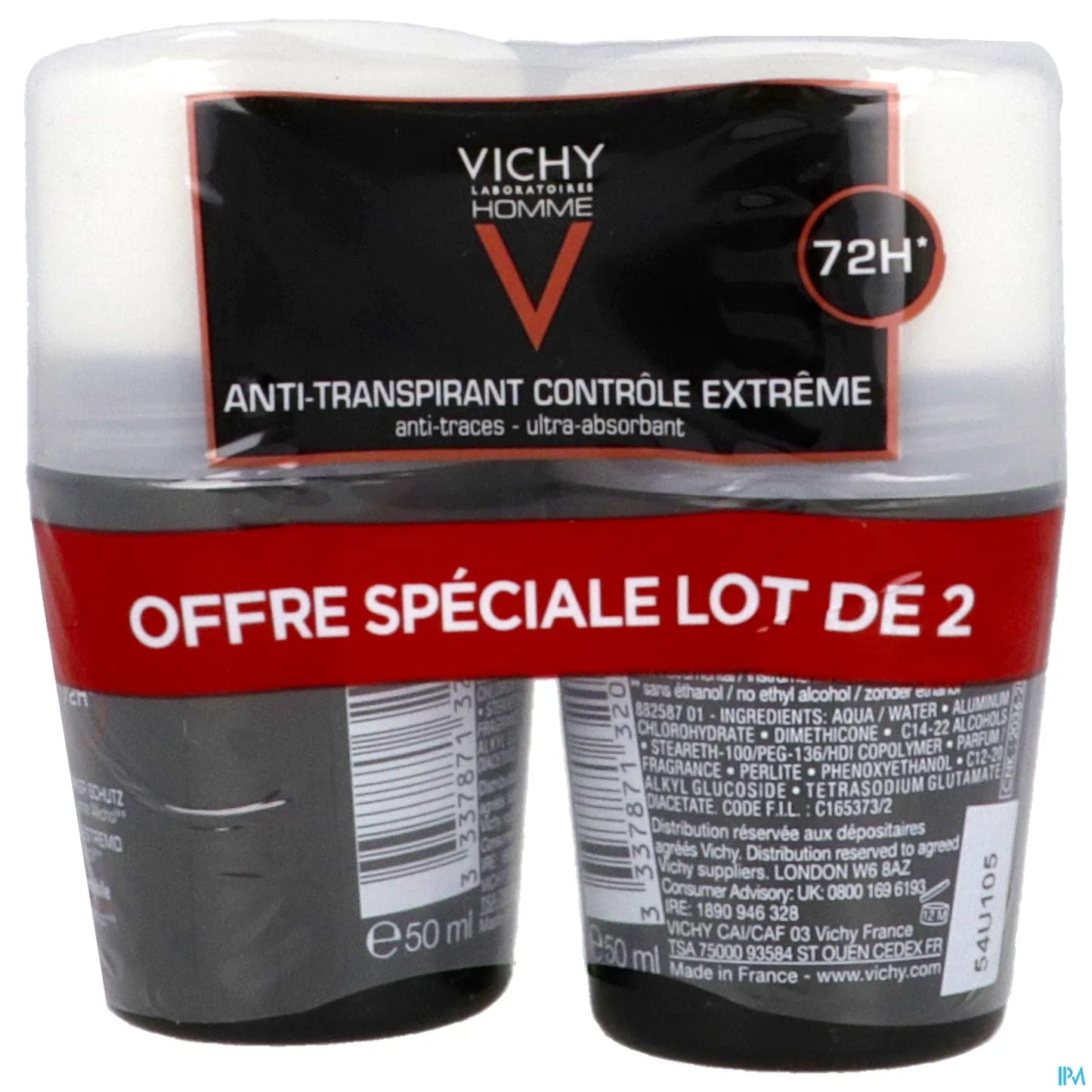 Homme Déodorant Anti-Transpirant 72H Extrême Control 2 x 50ml Roll-on