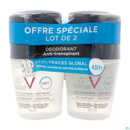Homme Déodorant Anti-Transpirant Anti-Traces 48H 2x50ml Roll-On
