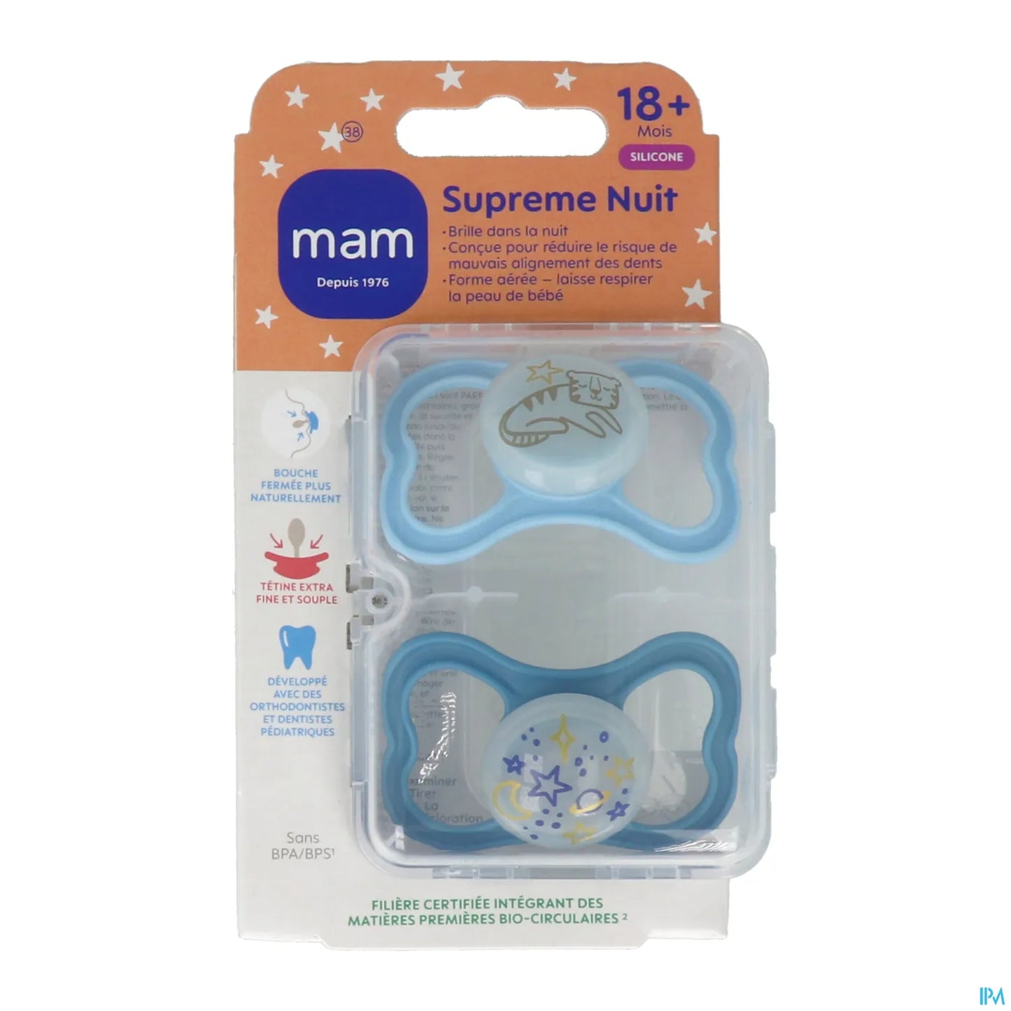 Sucette Suprême Nuit 18 Mois Silicone Zèbre et Galaxie 2 Sucettes