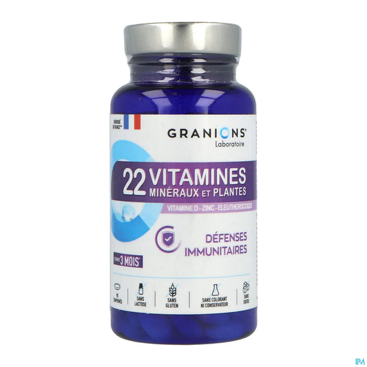 22 Vitamines Minéraux et Plantes Défense Immunitaire x 90 Comprimés