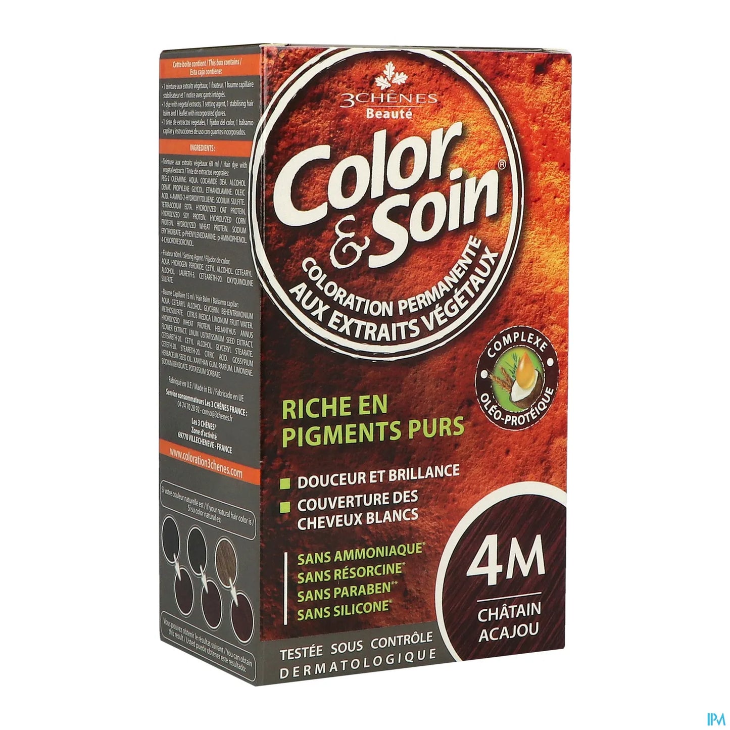 3 Chênes Color & Soin Colorations 4M Châtain Acajou 49.9g