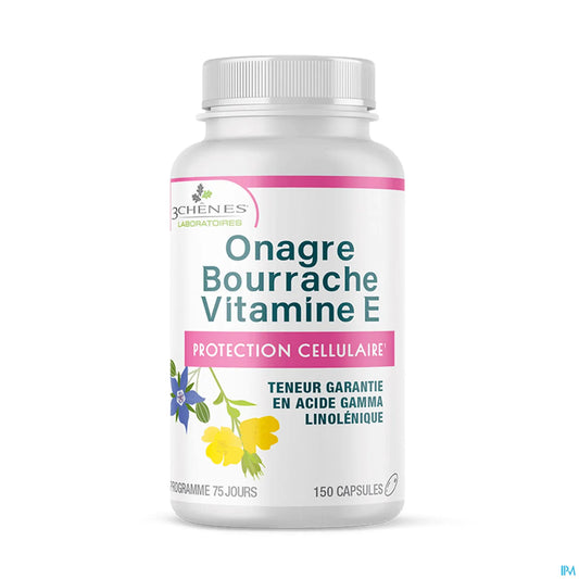 3 Chênes Onagre Bourrache Vitamine E 150 Capsules