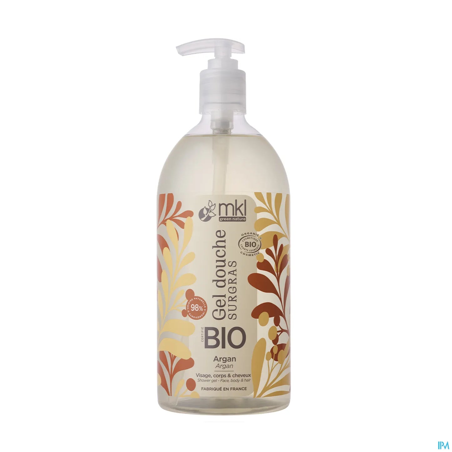 Certified Organic Argan Shower Gel Surgras Face Body Hair Soap-Free 1L