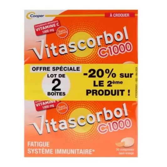 Vitascorbol C1000 Vitamine C Goût Orange Lot de 2x20 Comprimés à Croquer