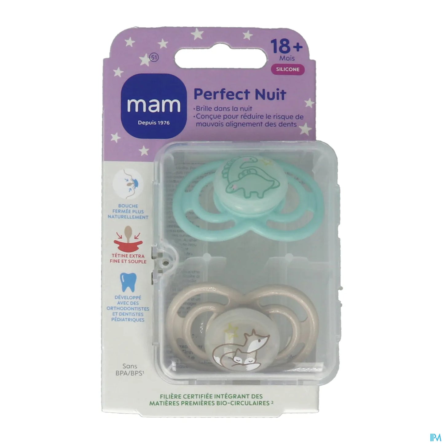 Lot de 2 Sucettes Phosphorescentes Perfect Nuit 18 Mois Silicone