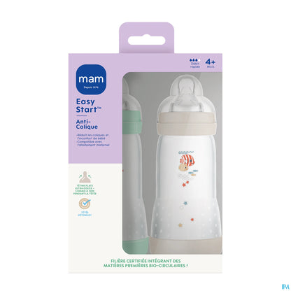 MAM Biberon Easy Start Anti Colique 320 mL x2 Débit 3 Menthe Coton