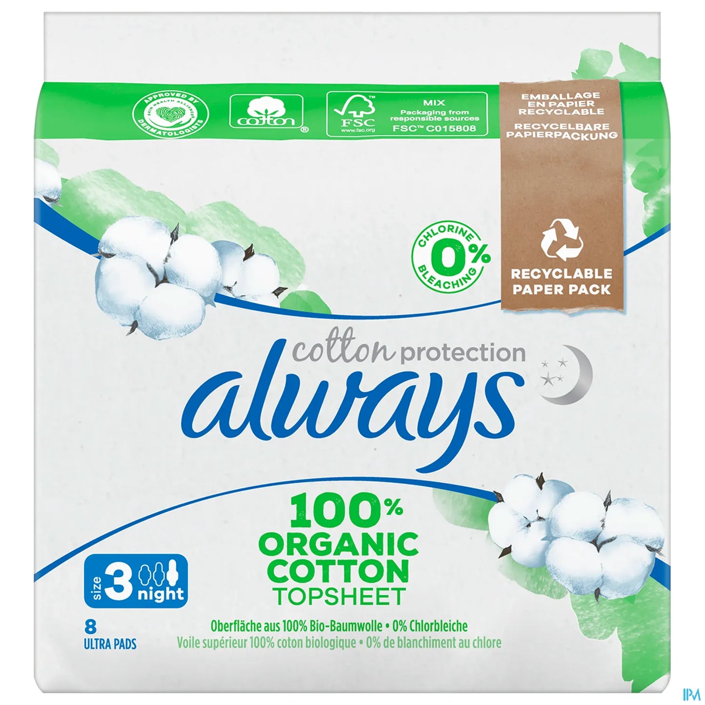 Cotton Protection 8 Serviettes Hygiéniques Nuit Taille 3