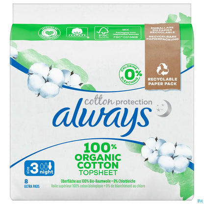 Cotton Protection 8 Serviettes Hygiéniques Nuit Taille 3