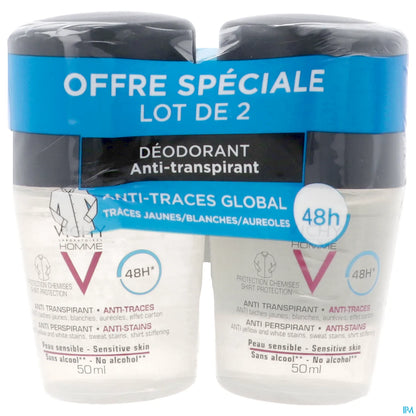 Homme Déodorant Anti-Transpirant Anti-Traces 48H 2x50ml Roll-On