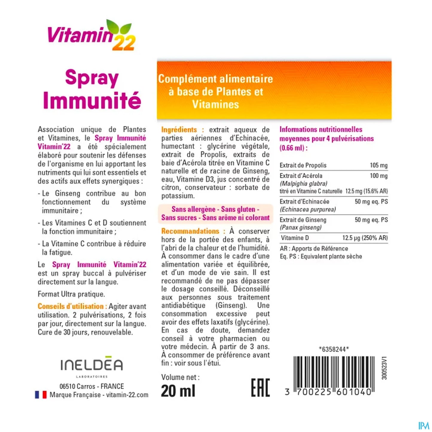 Ineldea Vitamin'22 Spray Immunité 20ml