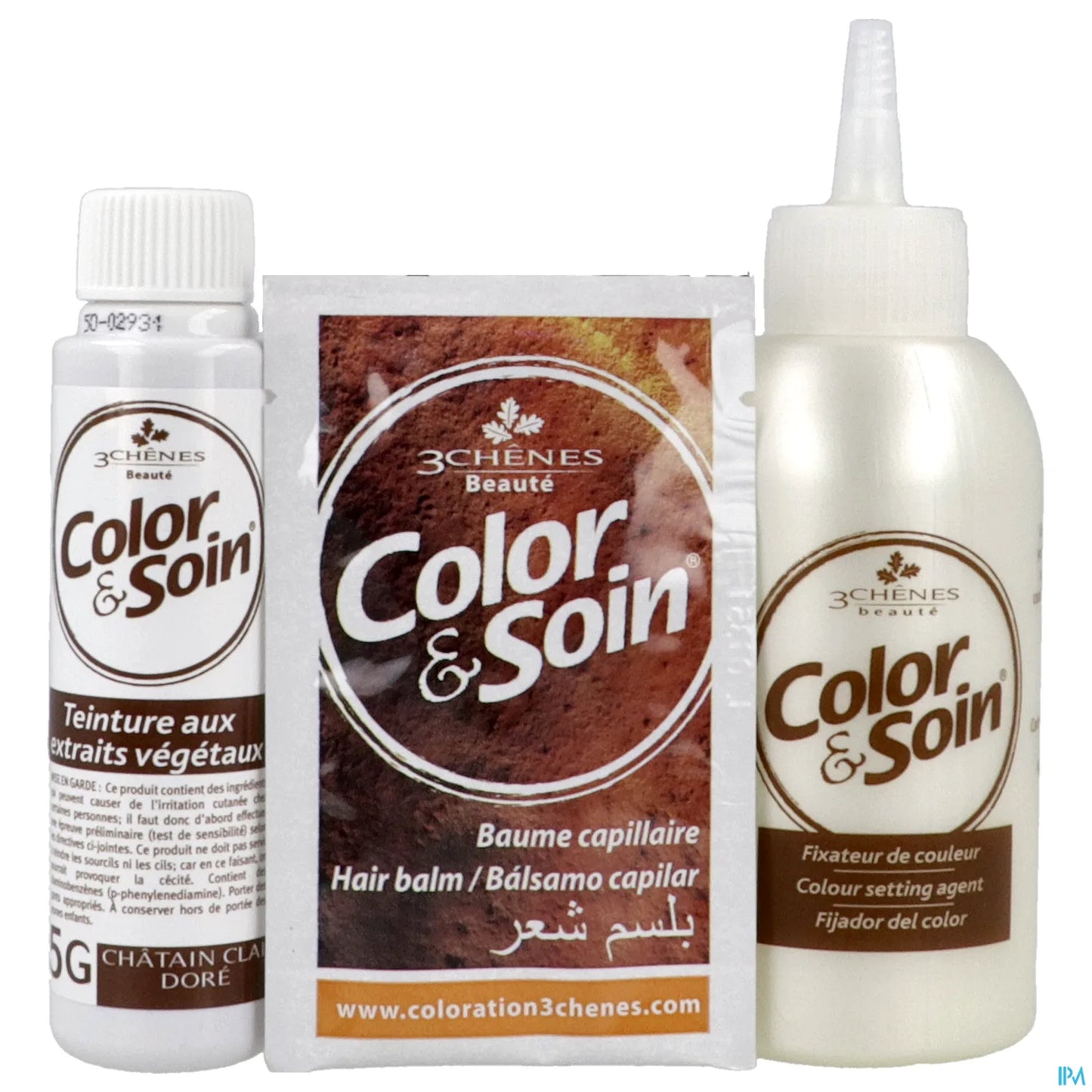 3 Chênes Color & Soin Châtain Clair Doré 5G Teinture 60 ml, Fixateur 60 ml, Baume Capilaire 15 ml