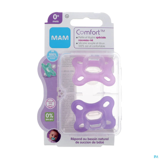 Set de 2 Sucettes Comfort Silicone Rose 0-2 Mois + Boîte de Stérilisation