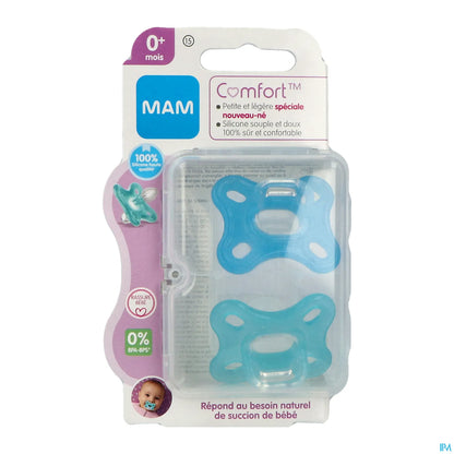 Comfort Sucettes Silicone Bleu 0-2 Mois 2 Unités + Boîte de Stérilisation