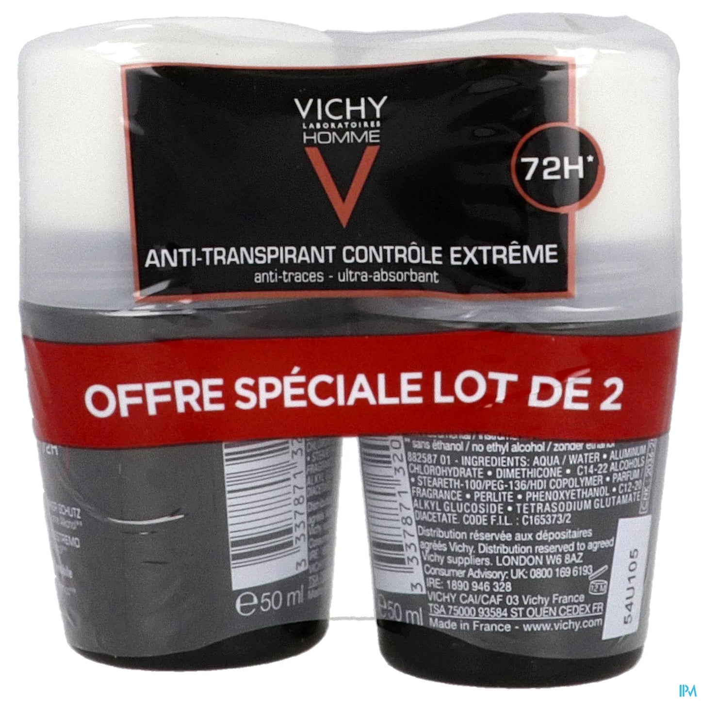 Homme Déodorant Anti-Transpirant 72H Extrême Control 2 x 50ml Roll-on