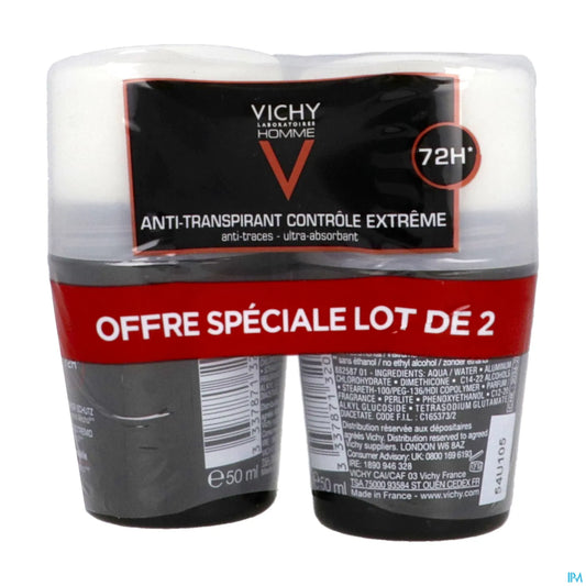 Homme Déodorant Anti-Transpirant 72H Extrême Control 2 x 50ml Roll-on