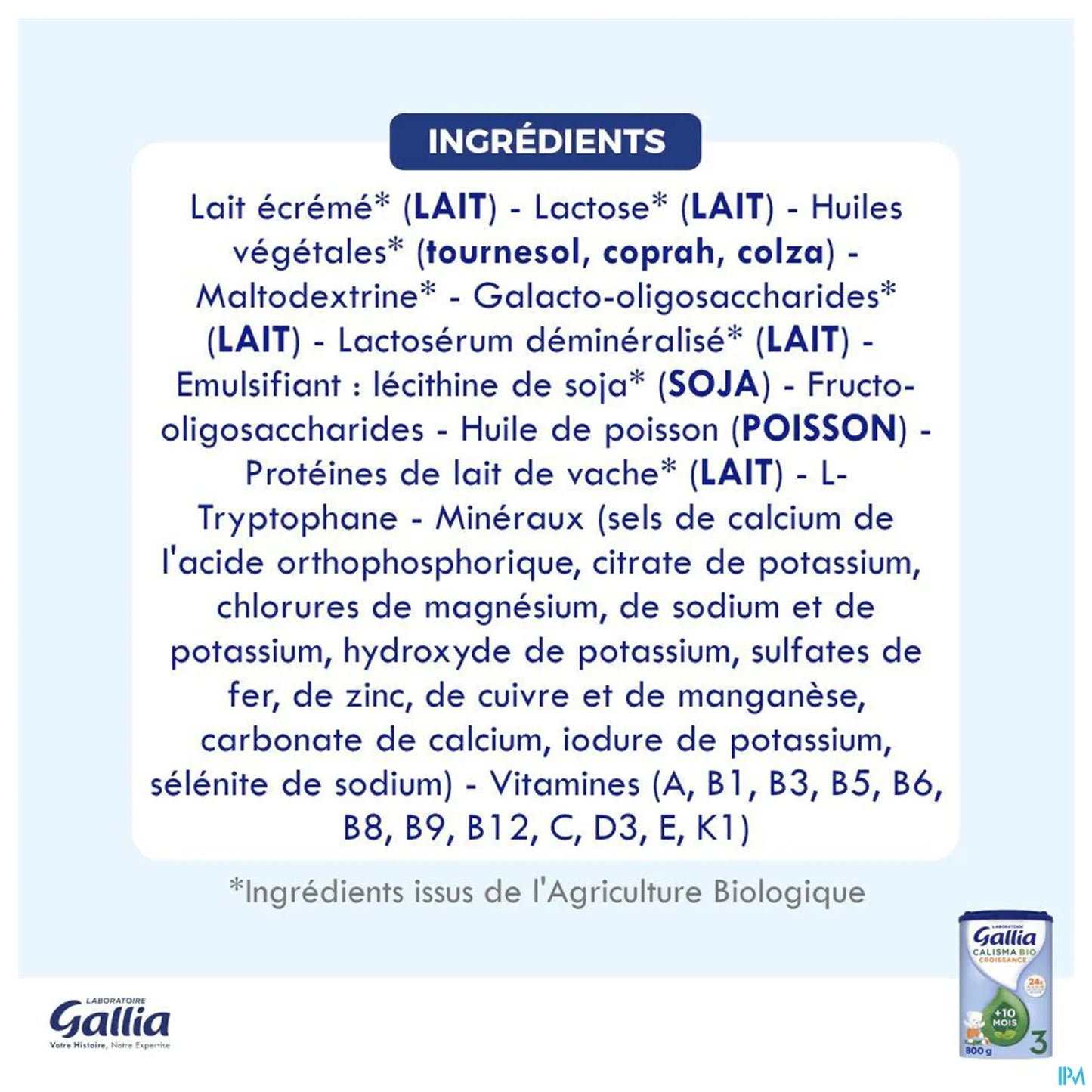 Gallia Calisma Croissance Bio 3ème Âge dès 10 Mois 800 g