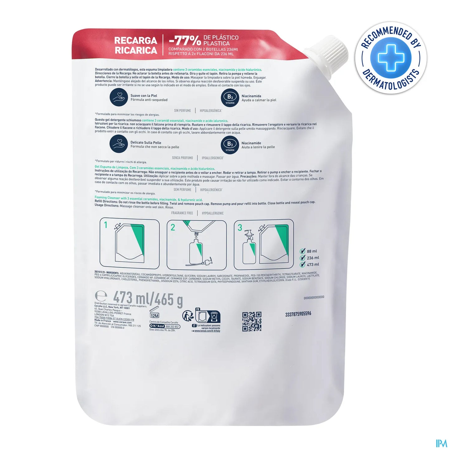 Gel Moussant Nettoyant Recharge 473ml Peau Normale à Grasse