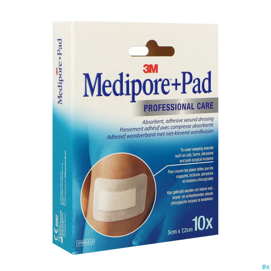 3M Medipore + Pad Pansement Adhésif Stérile Hypoallergénique 5cm x 7,2cm 10 Unités