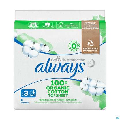 Cotton Protection 8 Serviettes Hygiéniques Nuit Taille 3