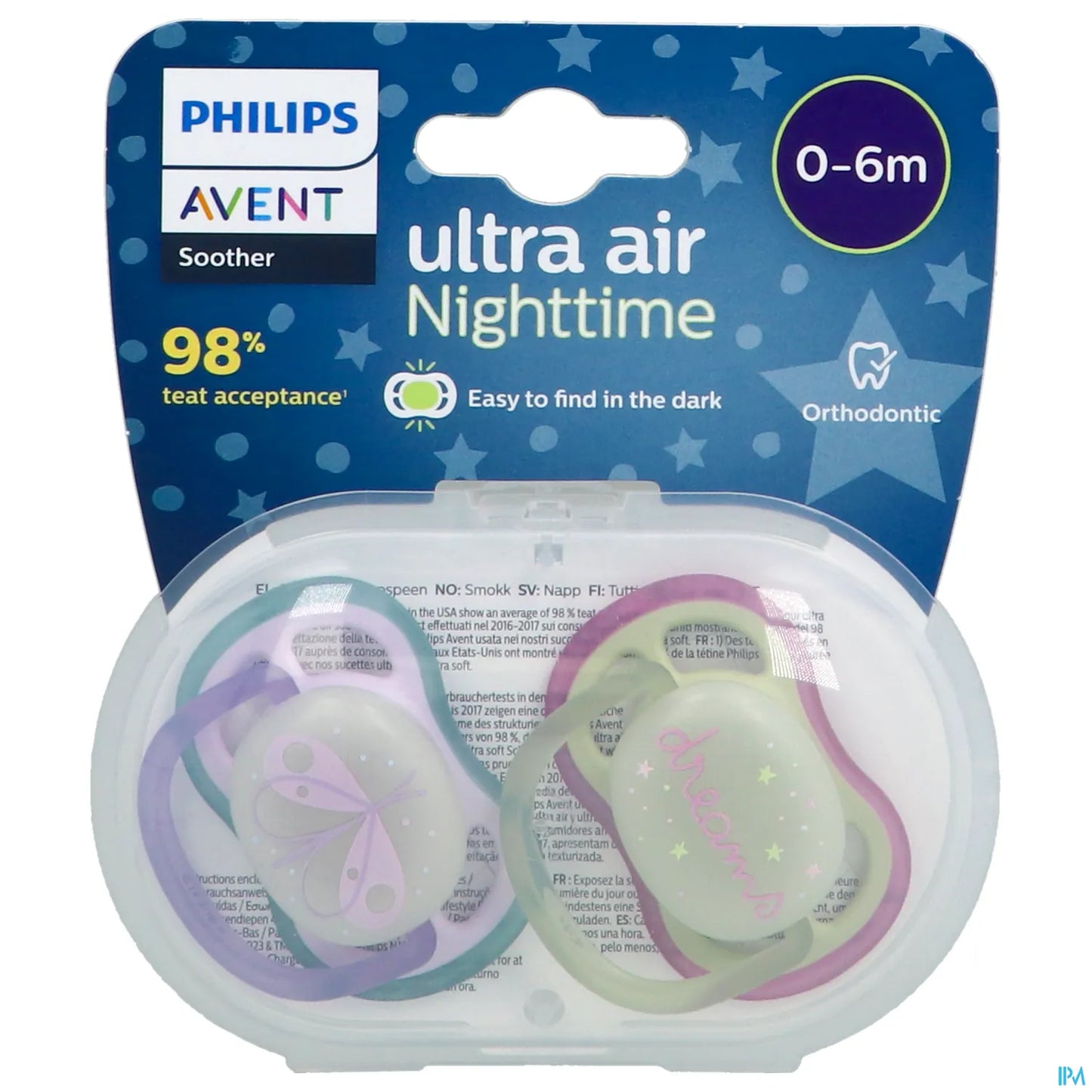 Philips Avent Ultra Air Nighttime Orthodontic Soothers 0-6 Months 2 Soothers