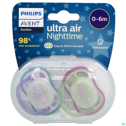 Philips Avent Ultra Air Nighttime Orthodontic Soothers 0-6 Months 2 Soothers