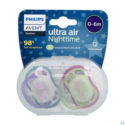 Philips Avent Ultra Air Nighttime Orthodontic Soothers 0-6 Months 2 Soothers