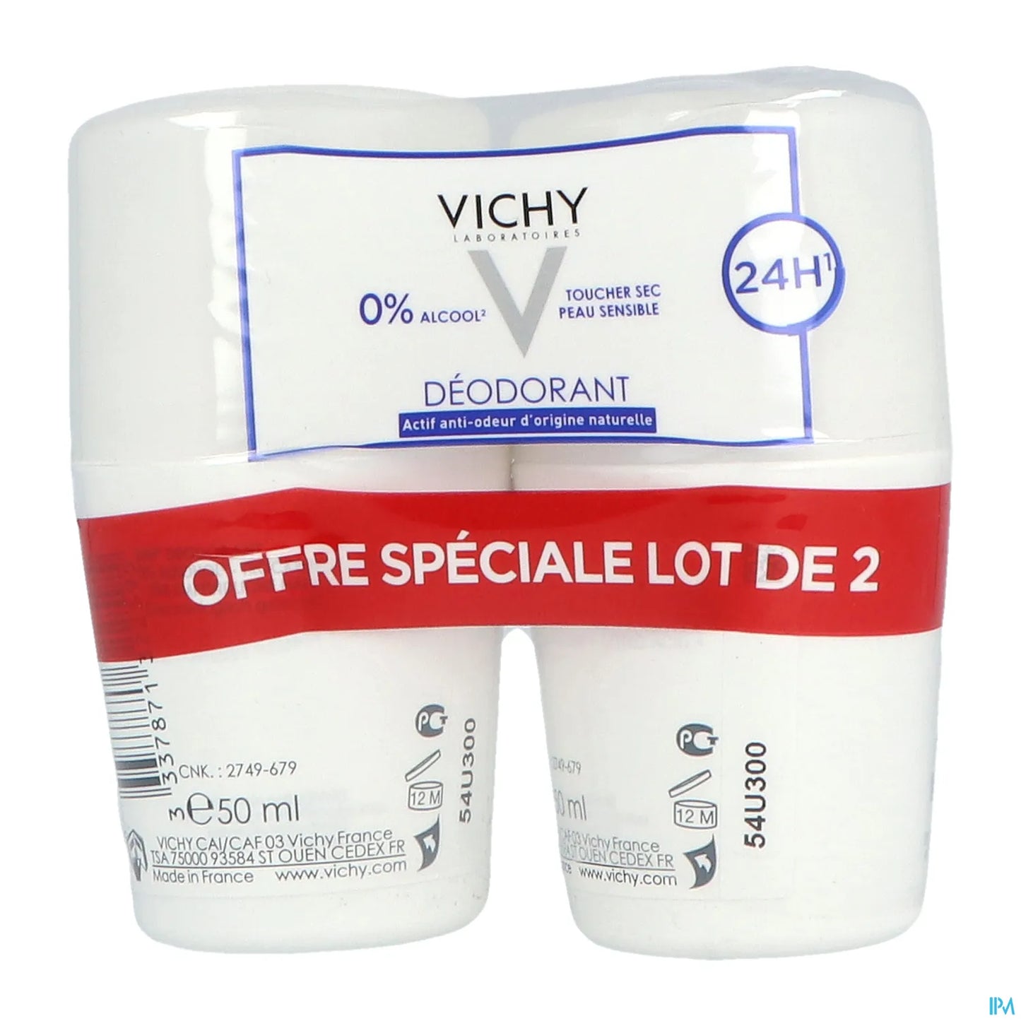 Déodorant 24H Toucher Sec Peaux Sensibles Sans Sels D'aluminium Lot de 2x50ml
